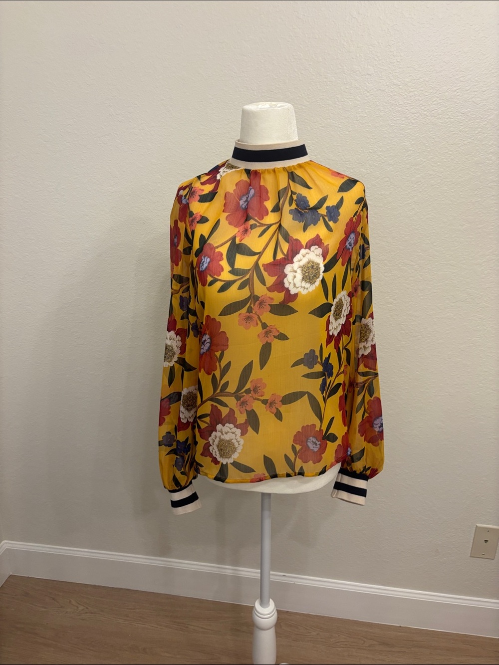 French Connection Yellow Floral Mock-Neck Blouse